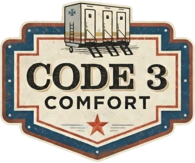 Vintage sign for Code 3 Comfort featuring an illustration of a private restroom trailer with three doors, red and blue border design, and a red star at the bottom.