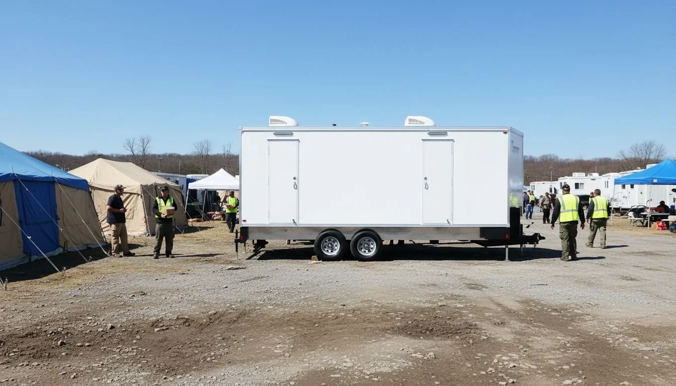 A large white mobile trailer with closed doors, set up in an outdoor area with tents and people, under a clear blue sky.
