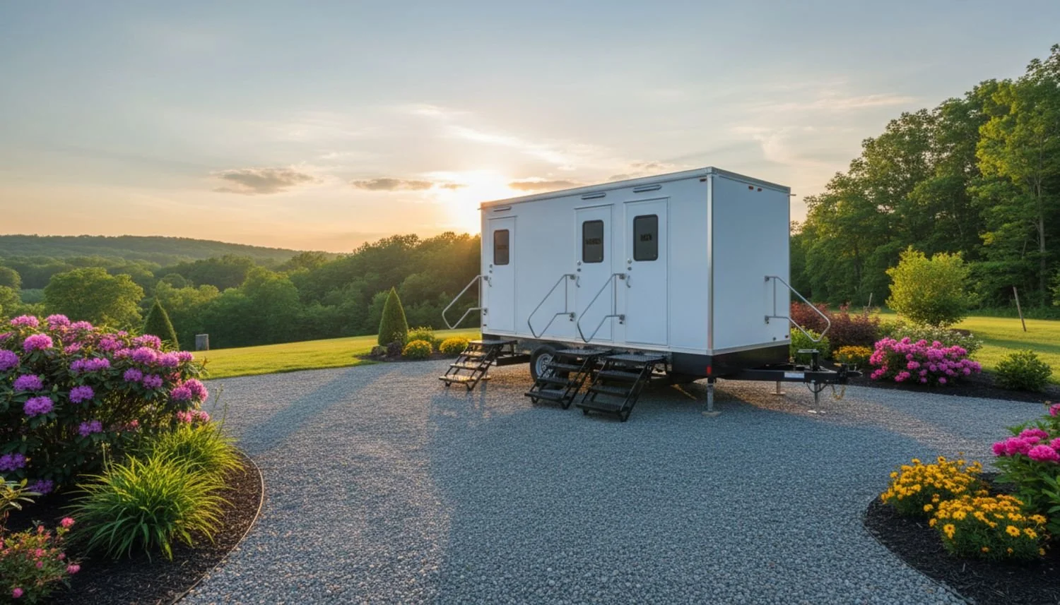 A white portable trailer with steps leading up to its door is situated on a gravel surface in a well-maintained garden with pink and yellow flowering plants. The background features green trees and a sunset sky.