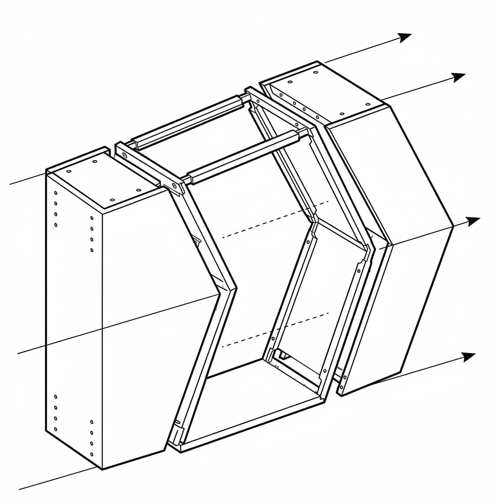 Technical drawing of a mechanical structure with angled and rectangular components.