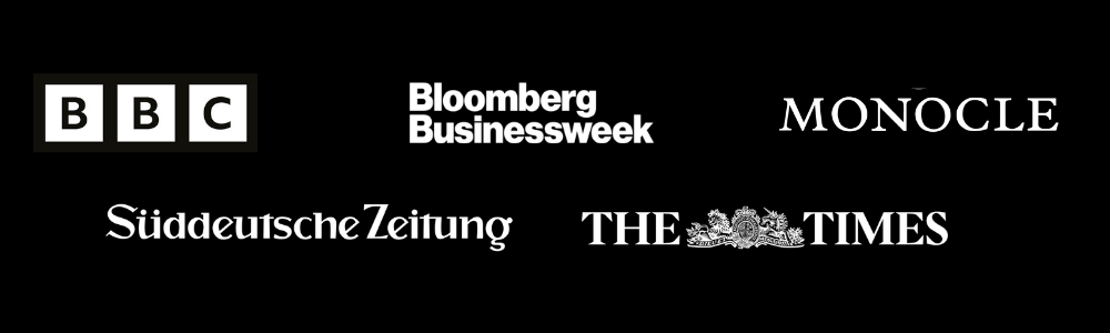 Collection of logos from media outlets: BBC, Bloomberg Businessweek, MONOCLE, Süddeutsche Zeitung, THE TIMES.