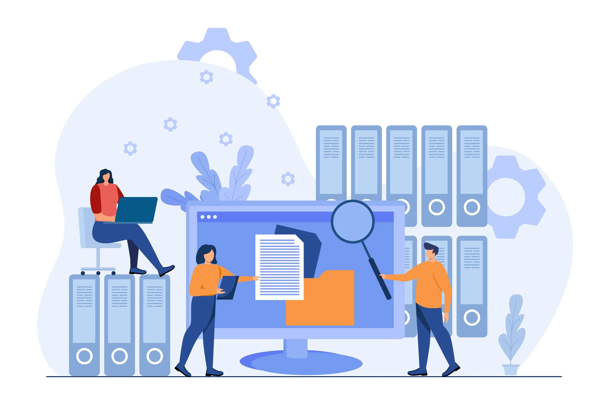 Illustration of people working with digital files and documents on a computer, surrounded by folders, books, gears, and plants.