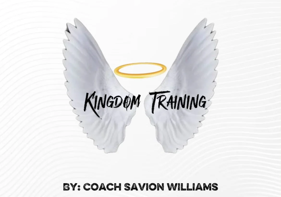 Digital graphic with white angel wings, a golden halo, and the text 'Kingdom Training' in the center. Below, it says 'By: Coach Savion Williams'.