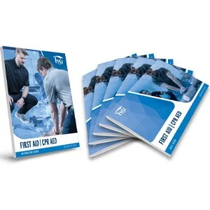 Brochure and multiple copies of a first aid guide titled 'First Aid CPR AED' featuring a man demonstrating CPR on a mannequin.