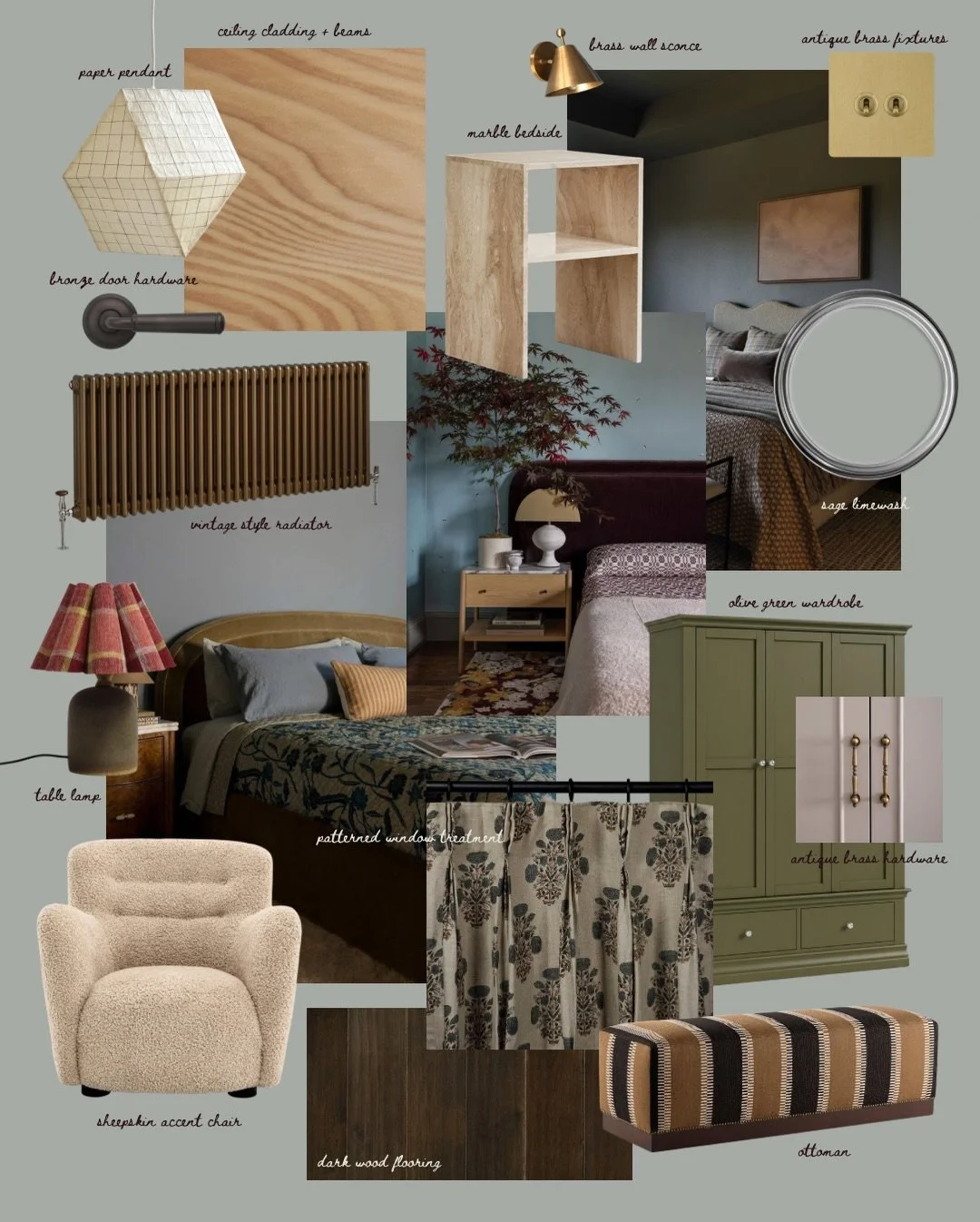 Moodboard Monday.

The guest bedroom of a chalet I&rsquo;m working on. High ceilings, so it gets to breathe.

The idea is to keep what&rsquo;s already there and build around it. Sage on the walls. An olive wardrobe and curtains with some pattern and 