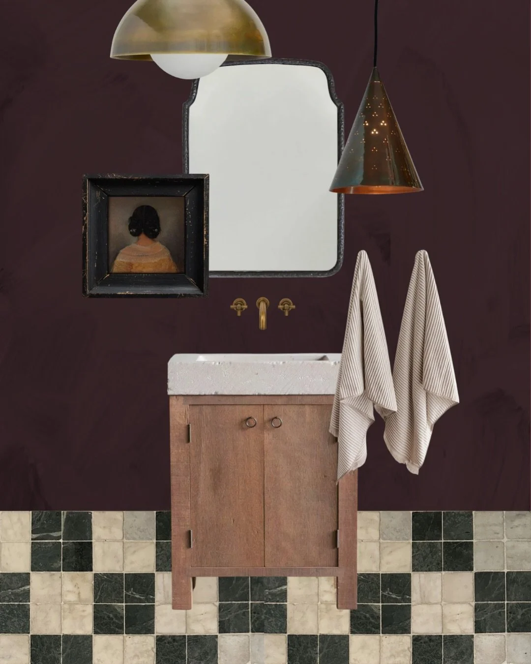 Monday Moodboard. A powder room that&rsquo;s a little dark, a little moody, interesting lighting, a checkerboard floor and a vintage portrait thrown in. So much fun in such a small space.

#casetteinteriors
