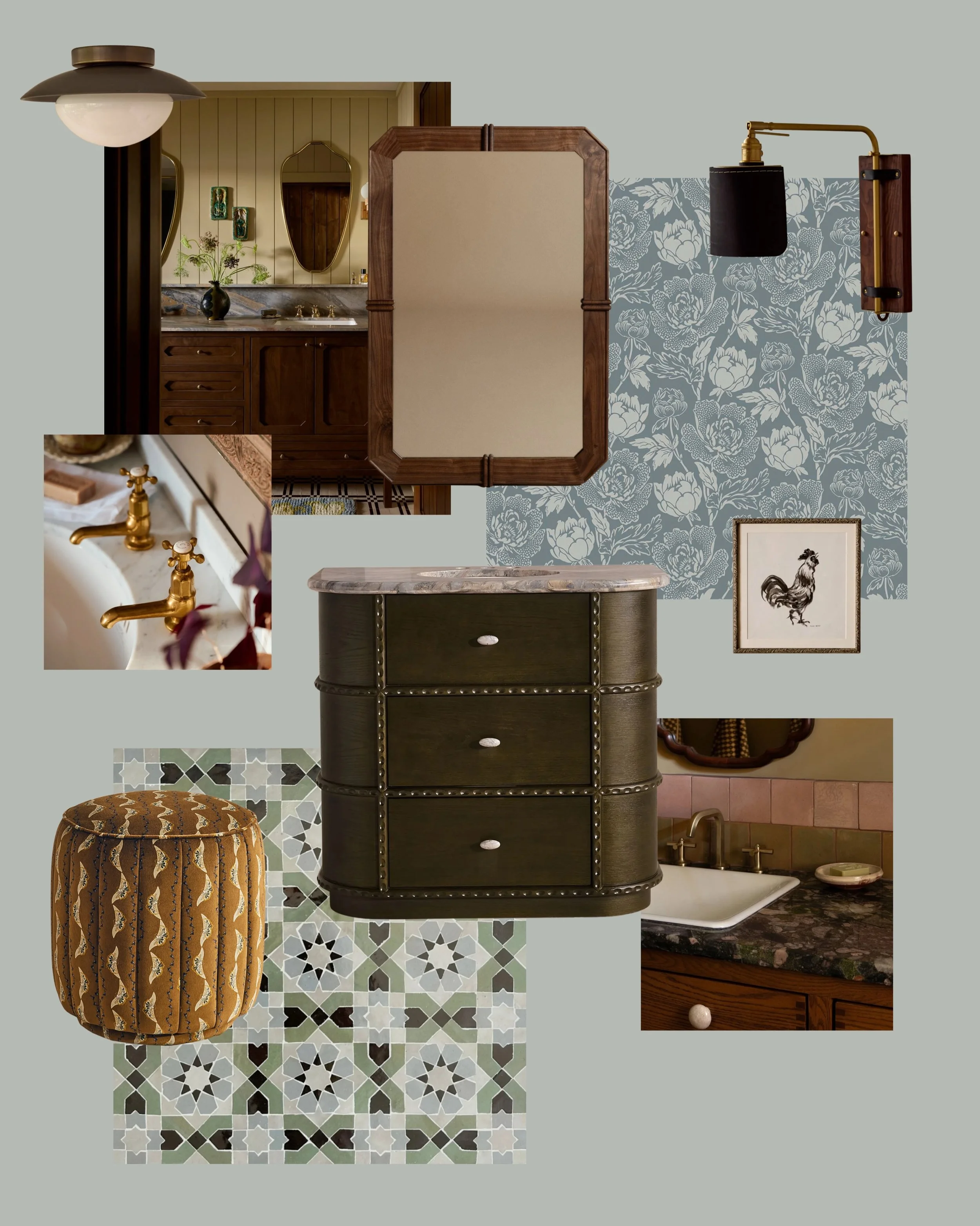Small room, big personality. This moodboard is all the pieces coming together &mdash; the beautiful grens mirror in a walnut finish (hello @shopbrunel 😍), warm brass, a soft Farrow &amp; Ball floral wallpaper, and an olive vanity that&rsquo;s doing 