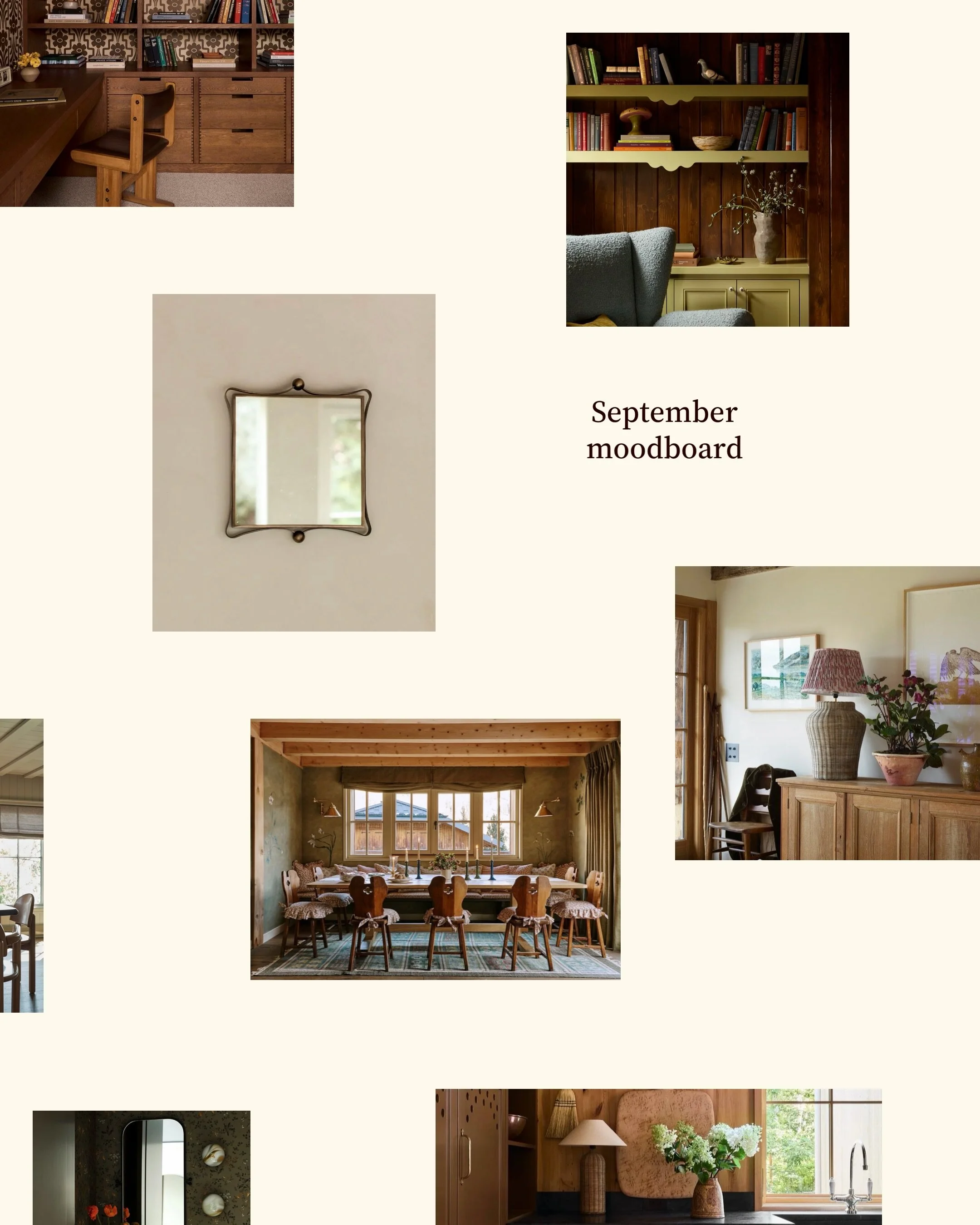 Spaces and pieces that inspired me in September. I kept coming back to warm wood, deep greens and little details like mirrors and lamps&hellip; all in one place 🤎

#casetteinteriors