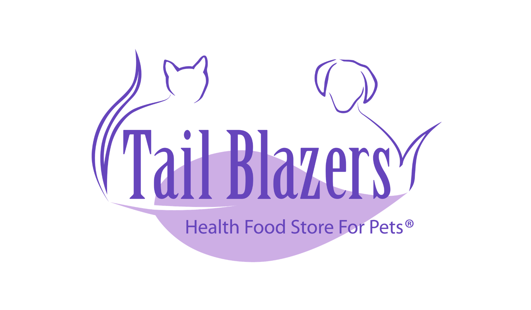 Logo for Tail Blazers featuring a stylized purple cat and dog with the text "Tail Blazers" in purple and the tagline "Health Food Store for Pets" underneath.