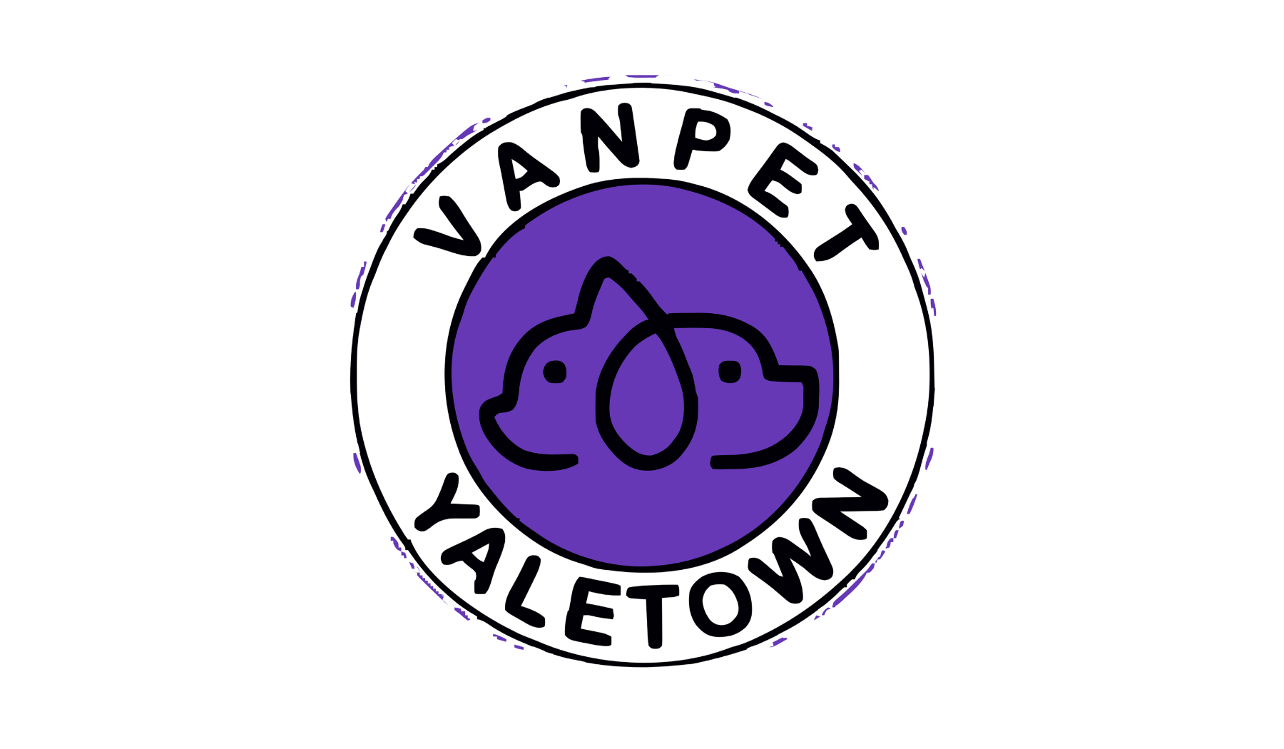 Logo with a purple background, featuring a black outline of a dog and a cat facing each other with a purple paw print in between, encircled by the words "VAN PET VALLEY TOWN".