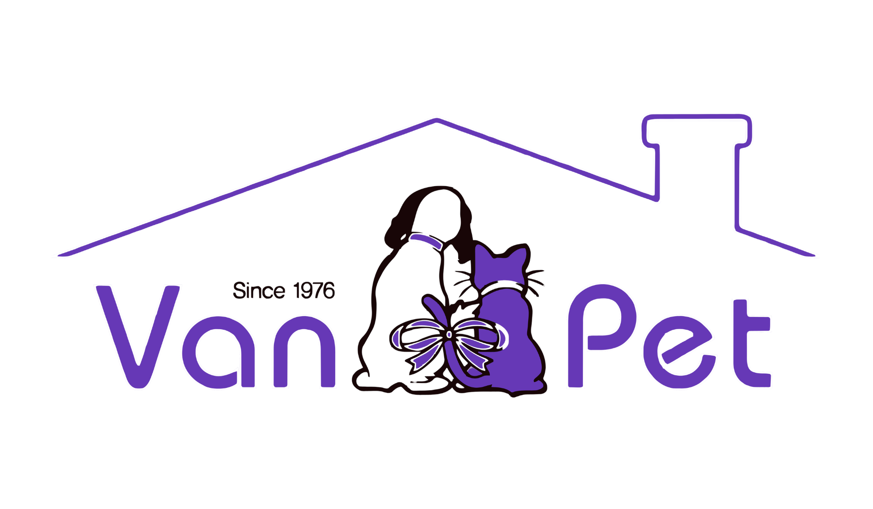 Logo for Van Pet featuring a house outline, a person and cat silhouette, and the text "Van Pet Since 1976" in purple.
