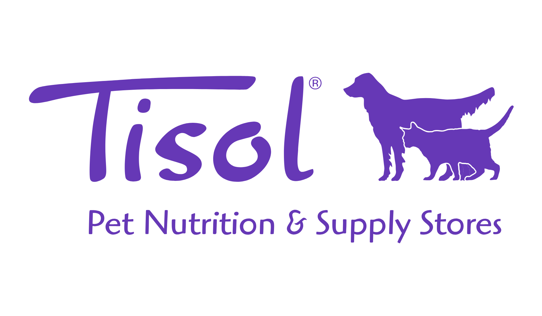 Logo for Tisol Pet Nutrition & Supply Stores featuring a stylized purple dog and cat silhouette, with the store name in purple text.