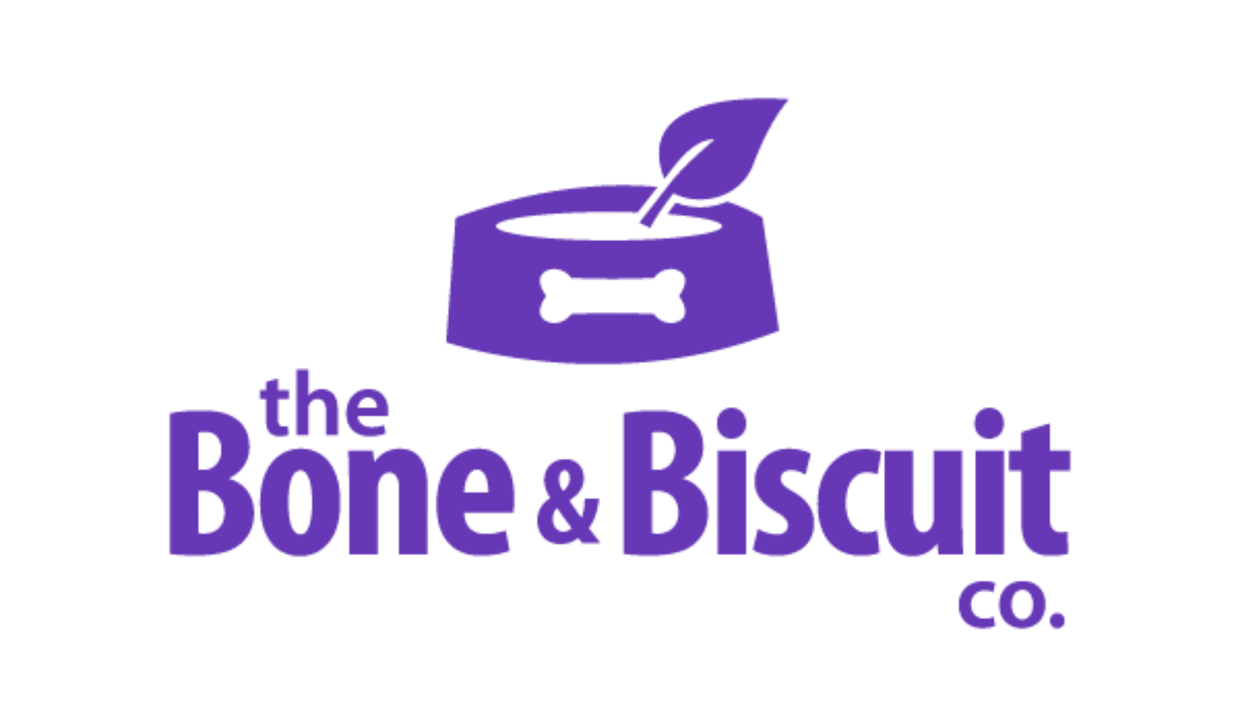 Logo for 'The Bone & Biscuit Co.' featuring a purple dog bowl with a bone design, a leaf on top, and purple text.