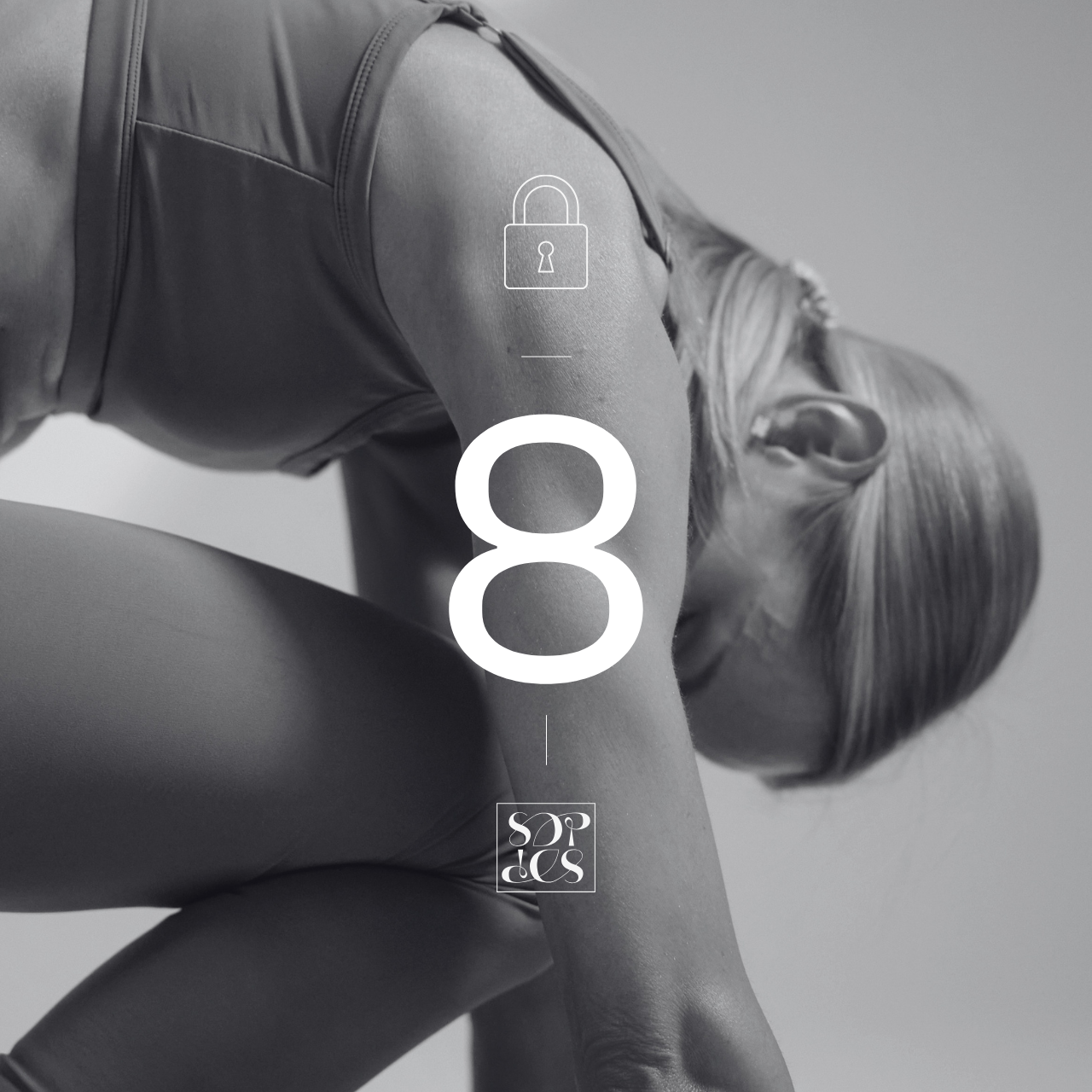 Black and white photo of a woman stretching or exercising, with an overlay of the number 8 and a lock icon.