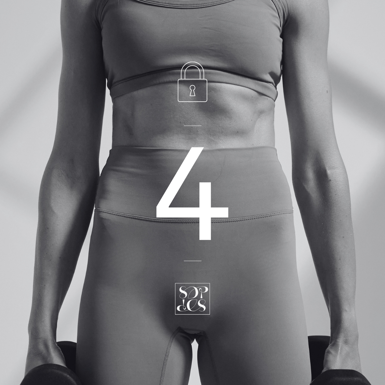 Black and white photo of a woman bending over, wearing athletic clothing, with a large number 4 overlaid. Small icons of a lock at the top and the words 'sop de' at the bottom.