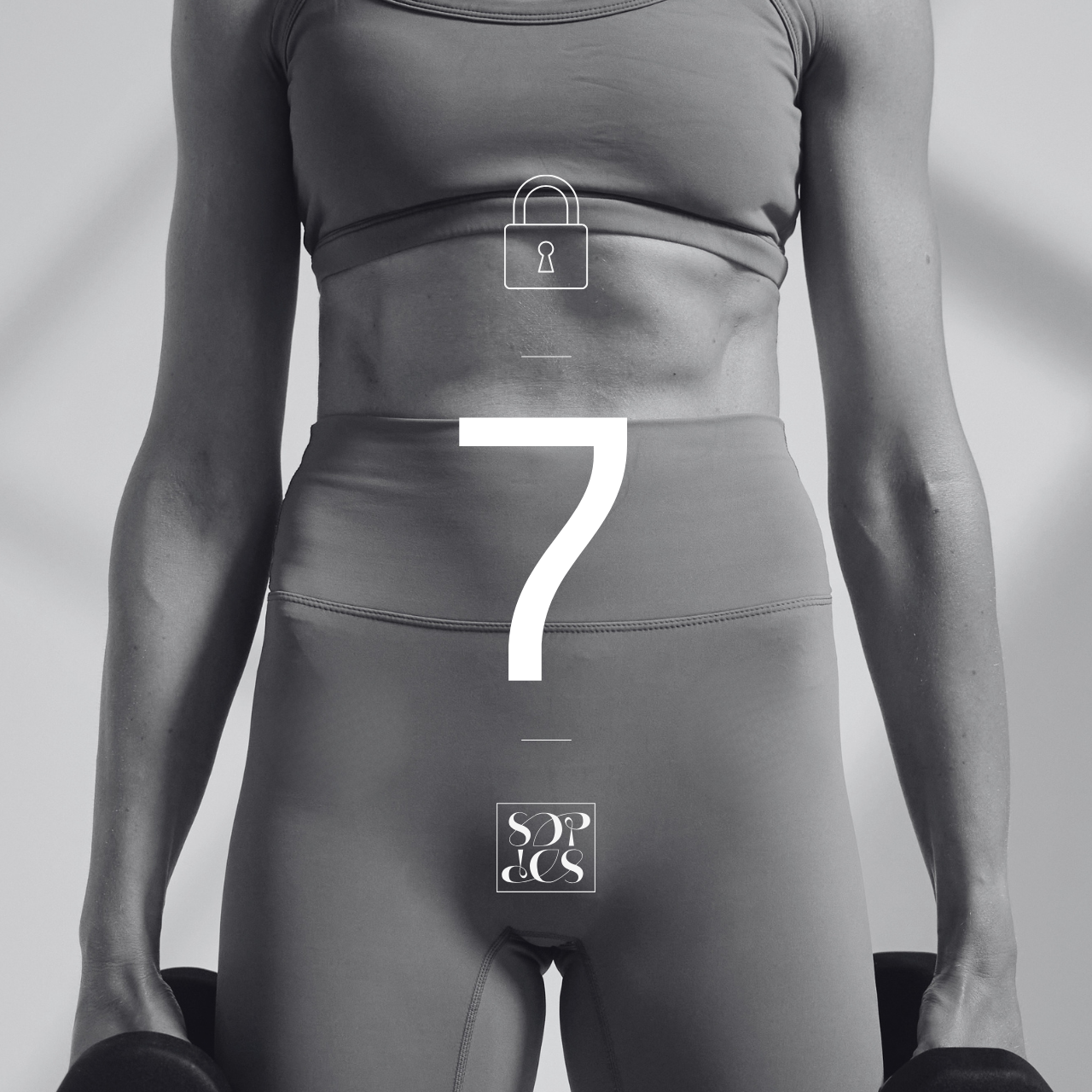 A woman in workout attire bending forward in a stretching or yoga pose, black and white photo, with a large number 7 and a padlock icon overlayed.
