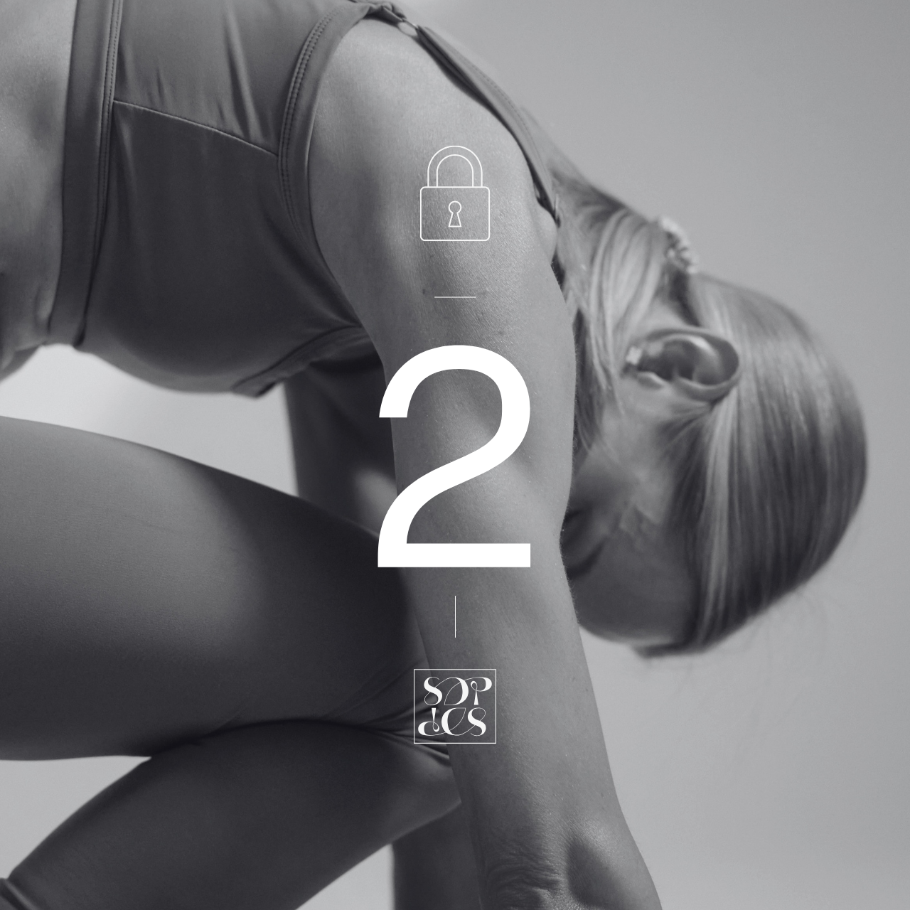 A woman in activewear performing a yoga pose or stretch, in black and white, with overlaid text and icons.