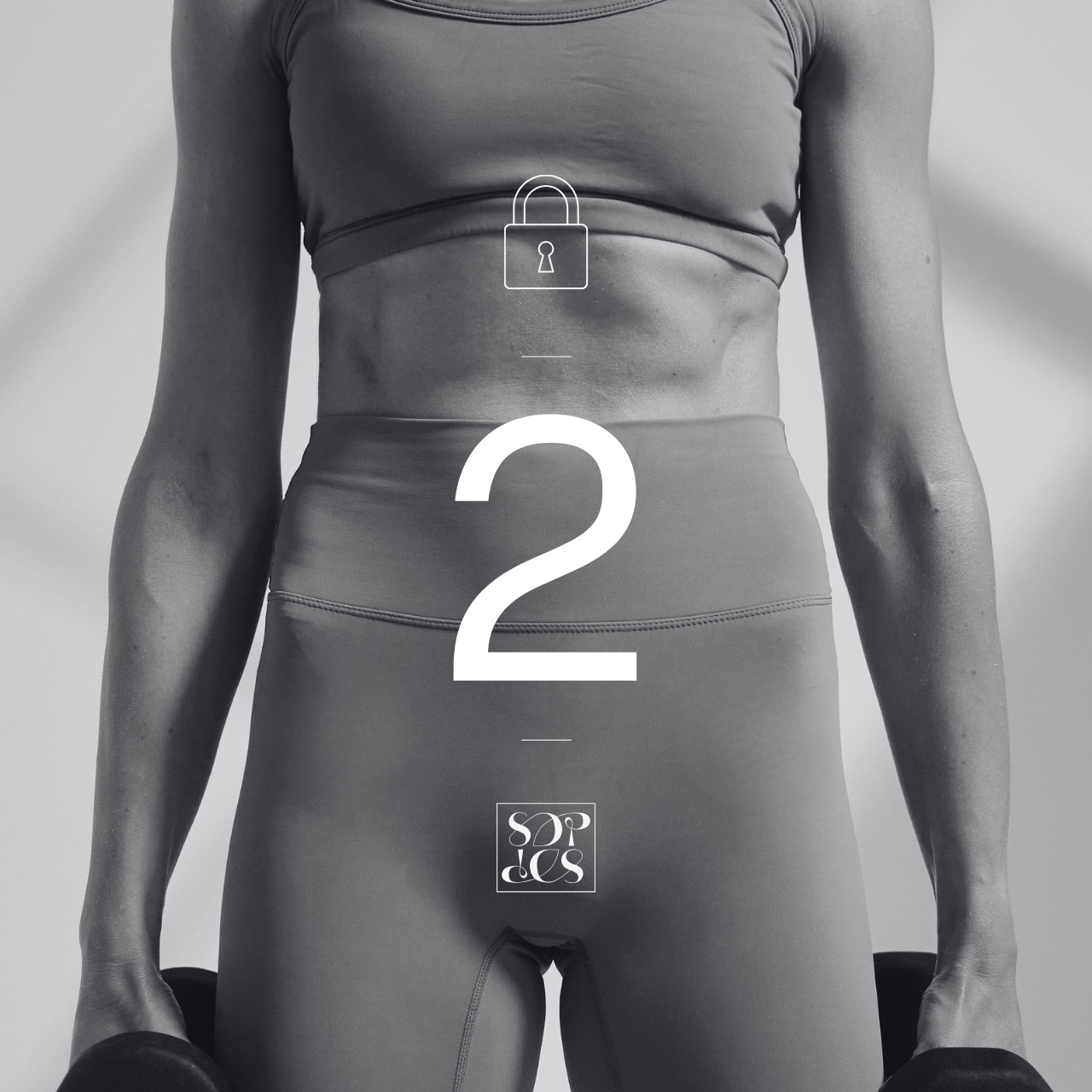 A woman in activewear performing a yoga pose or stretch, in black and white, with overlaid text and icons.