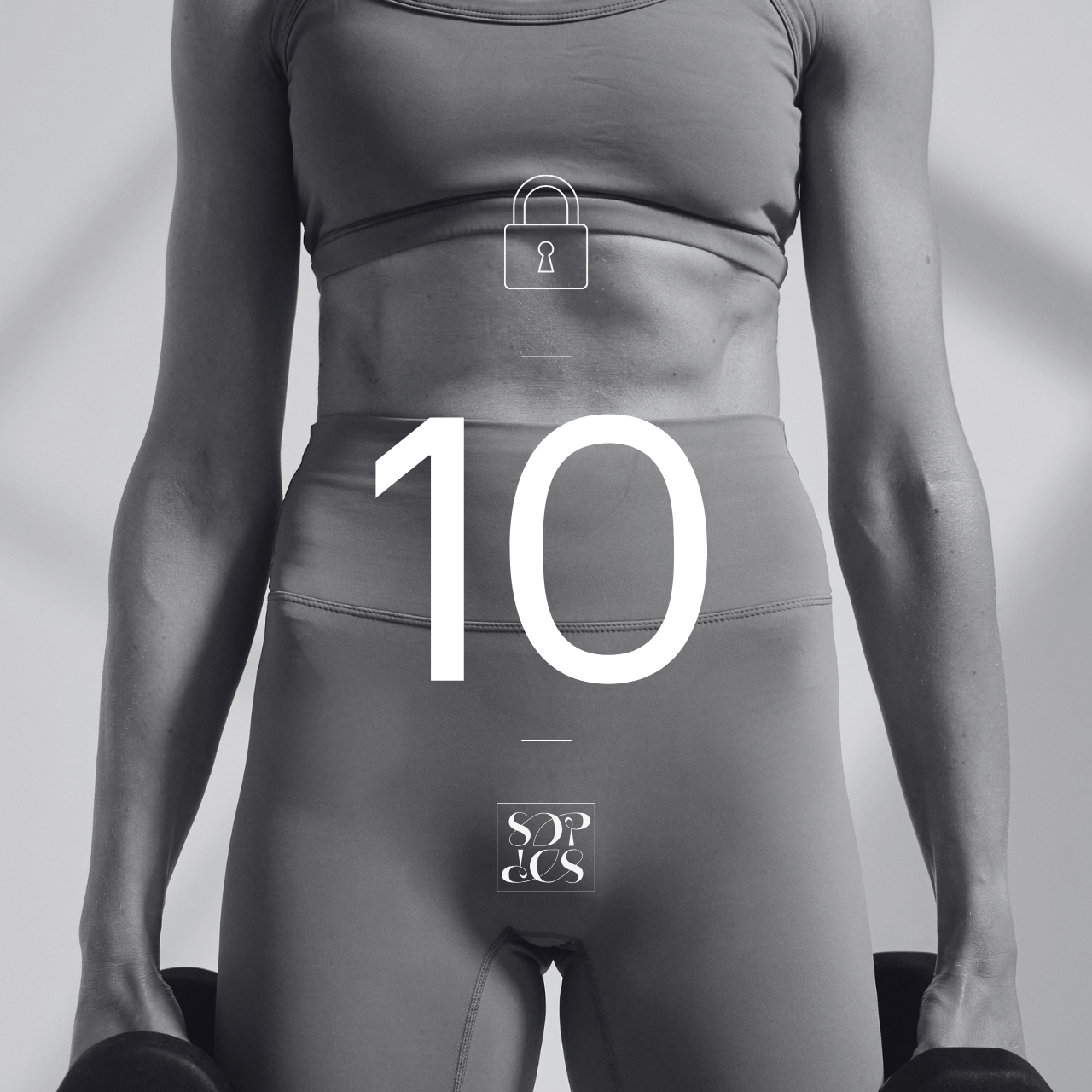 Black and white photo of a woman doing yoga in a forward bend pose, with a lock icon and the number 10 overlayed, and the words "SP DEC" upside down in a small square.