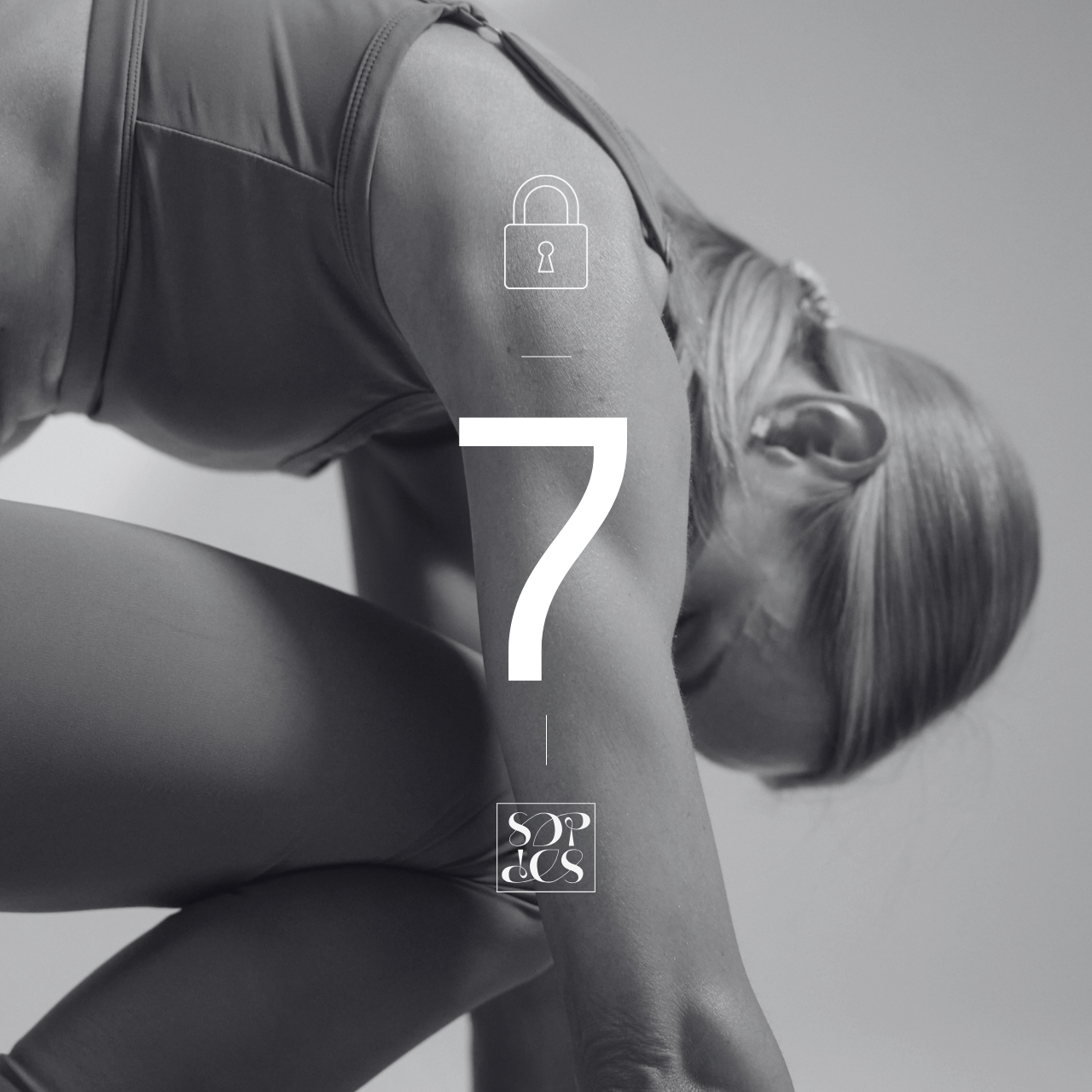 A woman in workout attire bending forward in a stretching or yoga pose, black and white photo, with a large number 7 and a padlock icon overlayed.