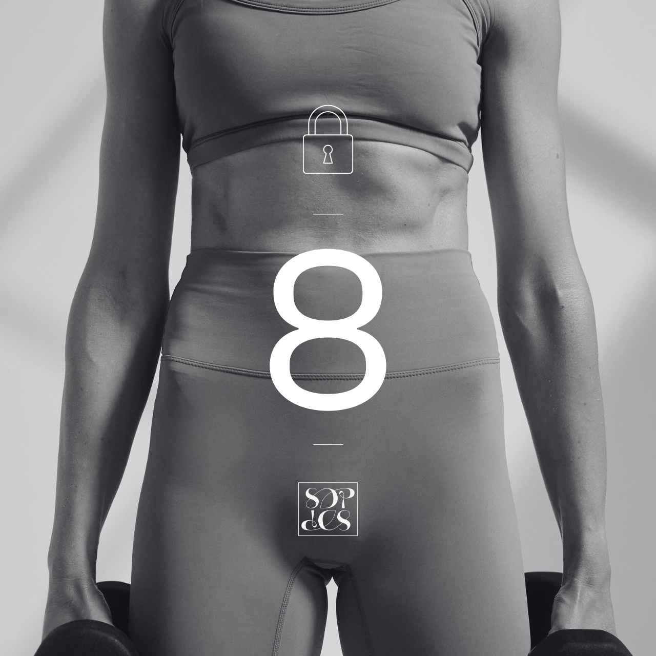 Black and white photo of a woman stretching or exercising, with an overlay of the number 8 and a lock icon.