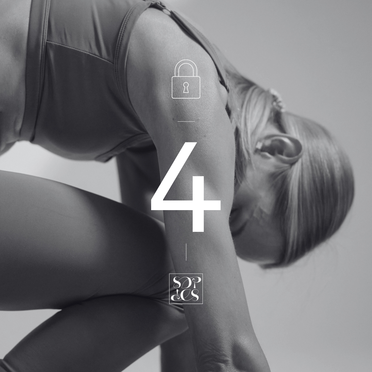 Black and white photo of a woman bending over, wearing athletic clothing, with a large number 4 overlaid. Small icons of a lock at the top and the words 'sop de' at the bottom.