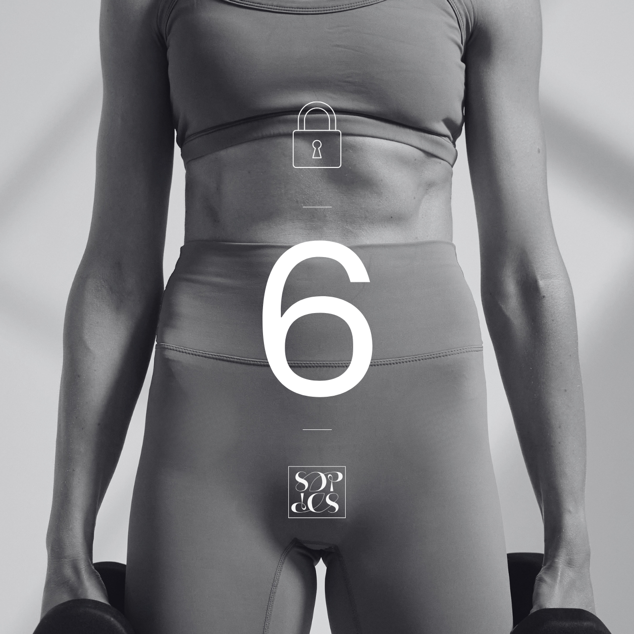 A woman in athletic wear stretching with her body bent forward, her hair tied back, in black and white. Overlayed text shows the number 6 and a lock icon, suggesting a countdown or lock screen.
