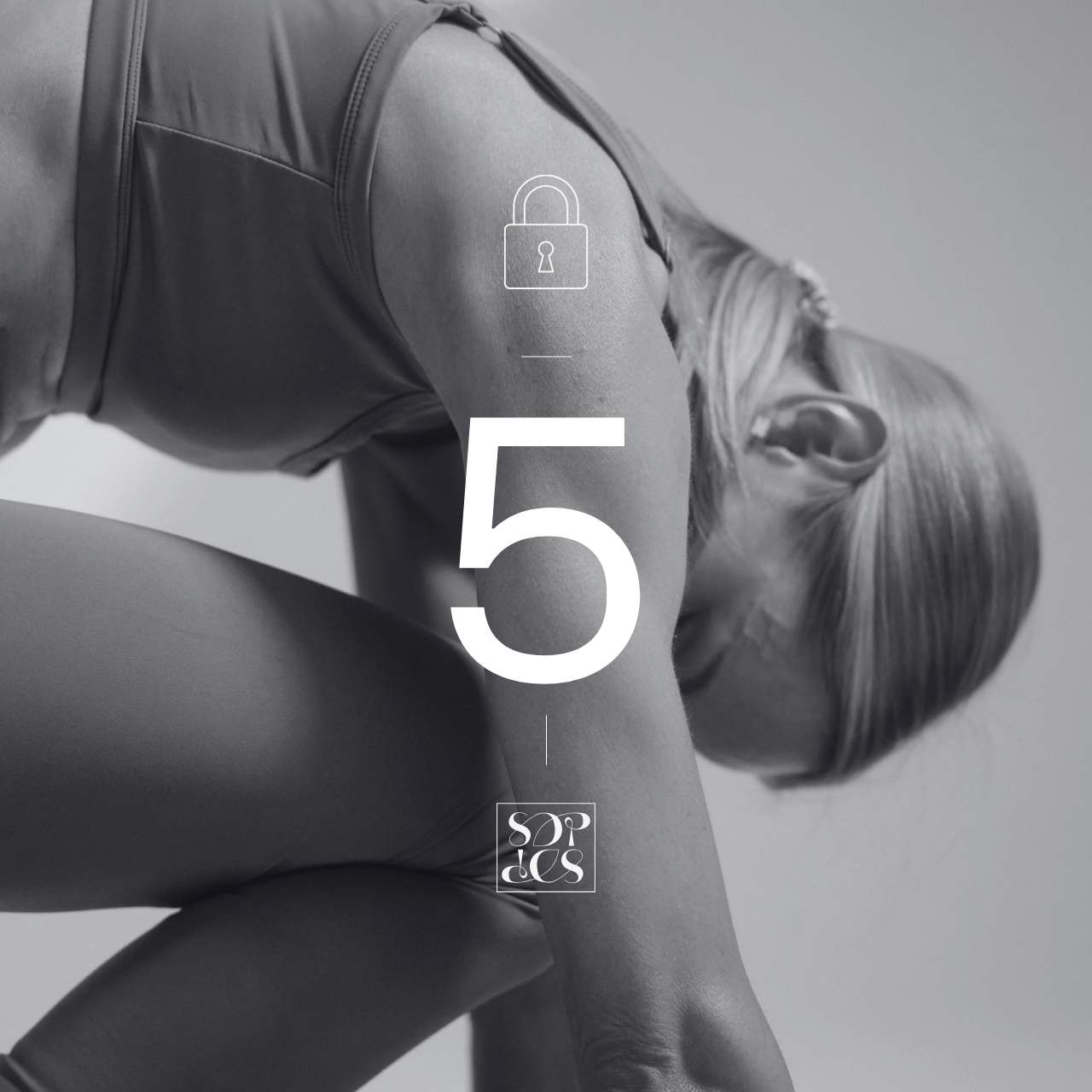 A woman in workout clothes bent over in a yoga pose, with a large white number 5 overlayed and a lock icon near her shoulder.