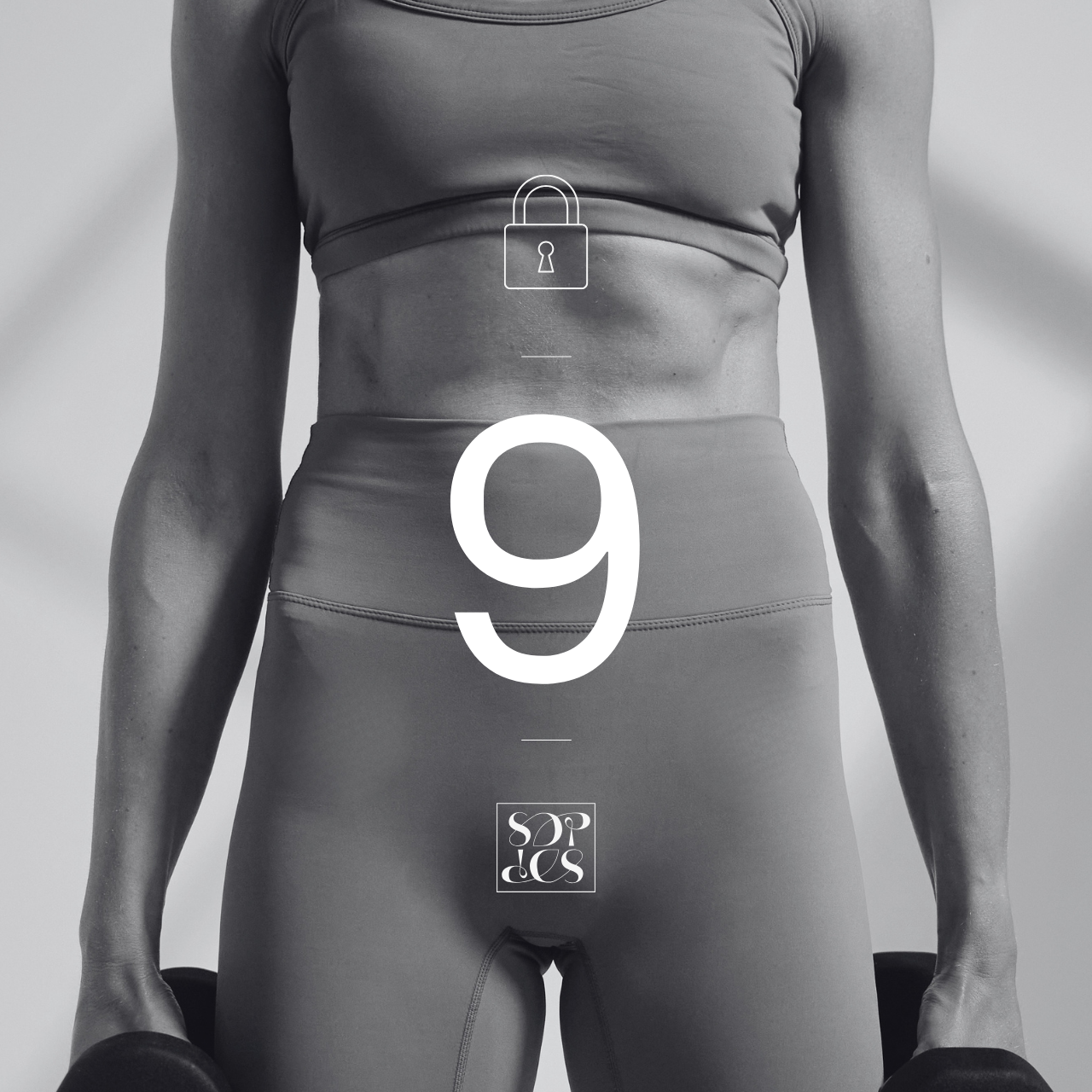 A woman stretching or exercising, viewed from the side, with text overlay showing a large number 9.