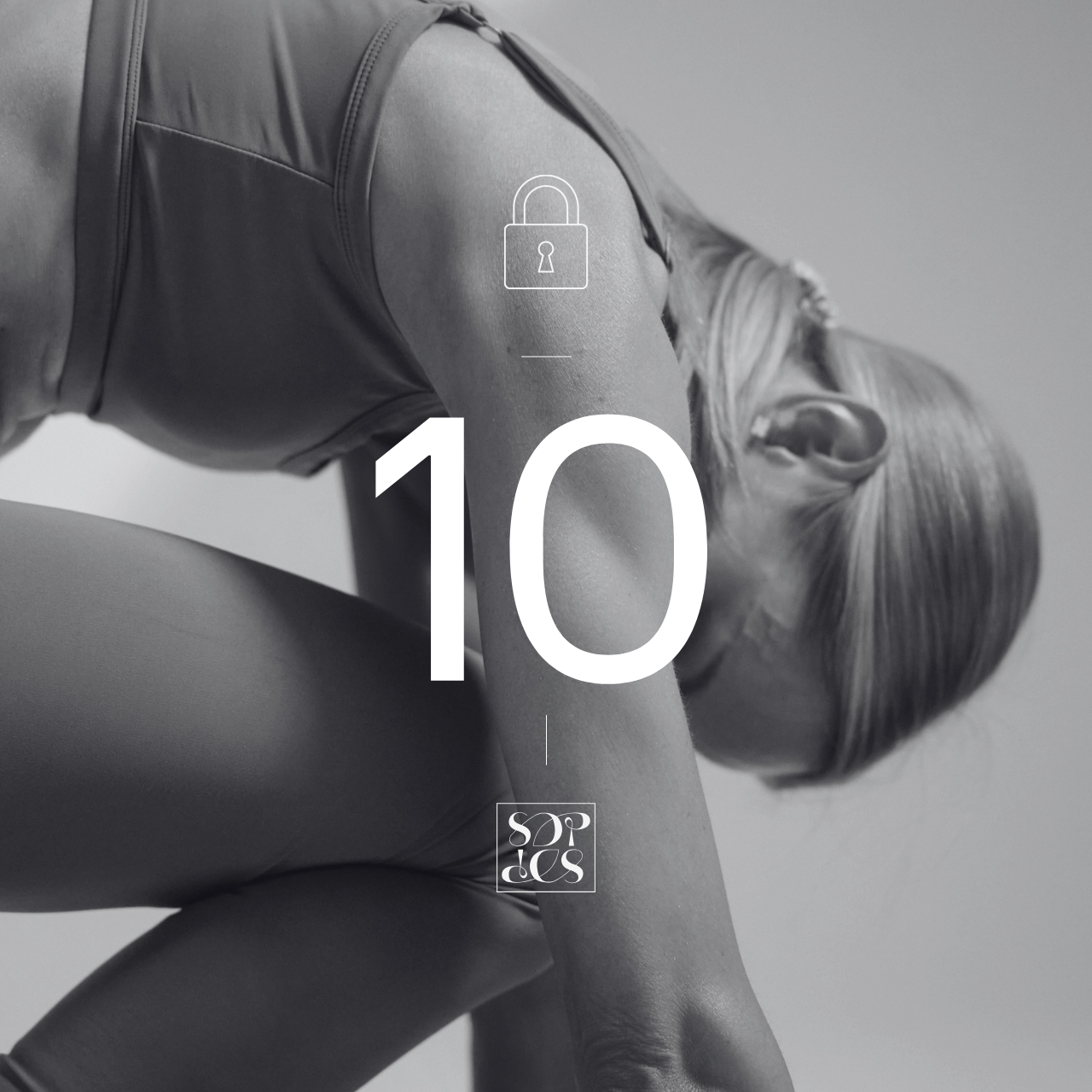 Black and white photo of a woman doing yoga in a forward bend pose, with a lock icon and the number 10 overlayed, and the words "SP DEC" upside down in a small square.