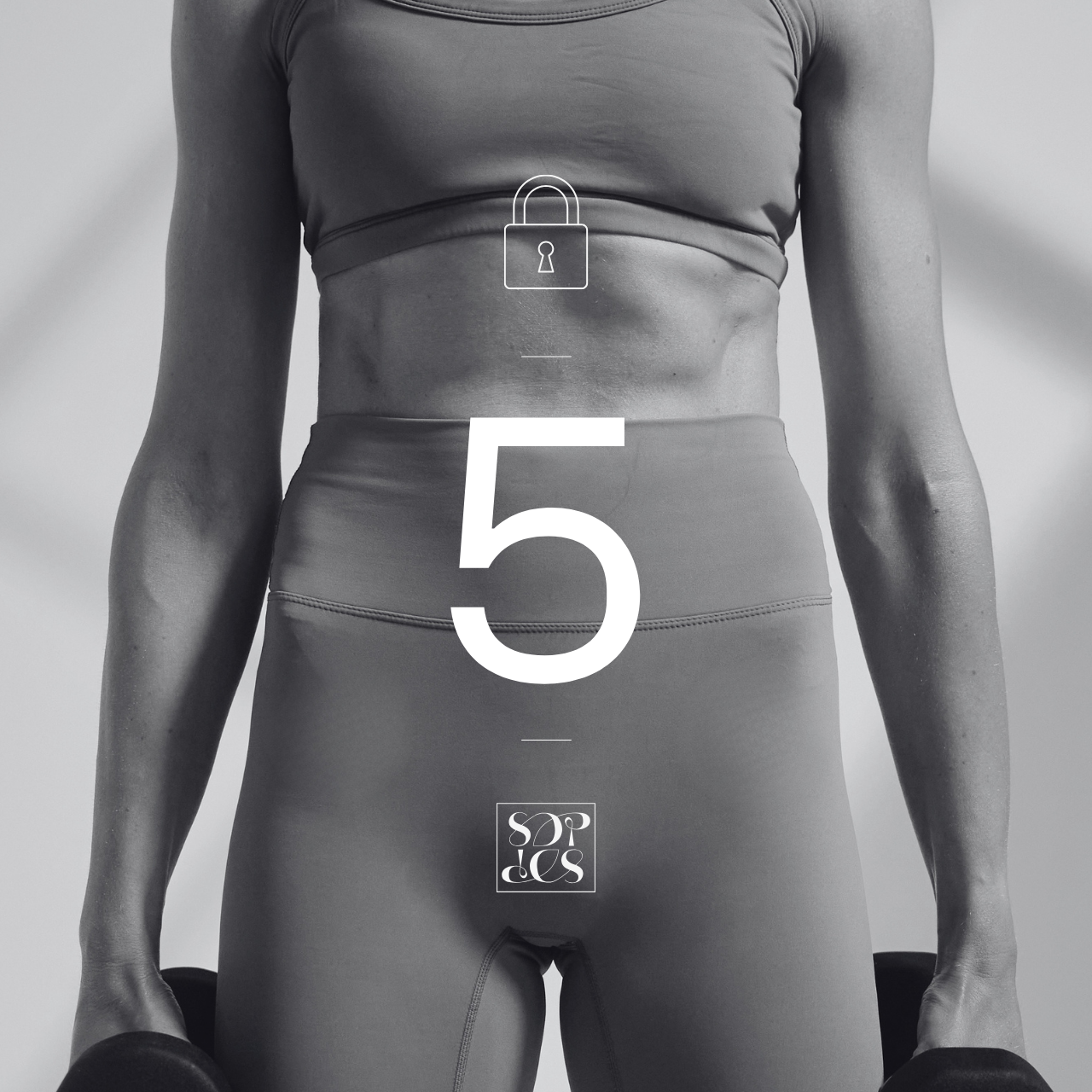 A woman in workout clothes bent over in a yoga pose, with a large white number 5 overlayed and a lock icon near her shoulder.
