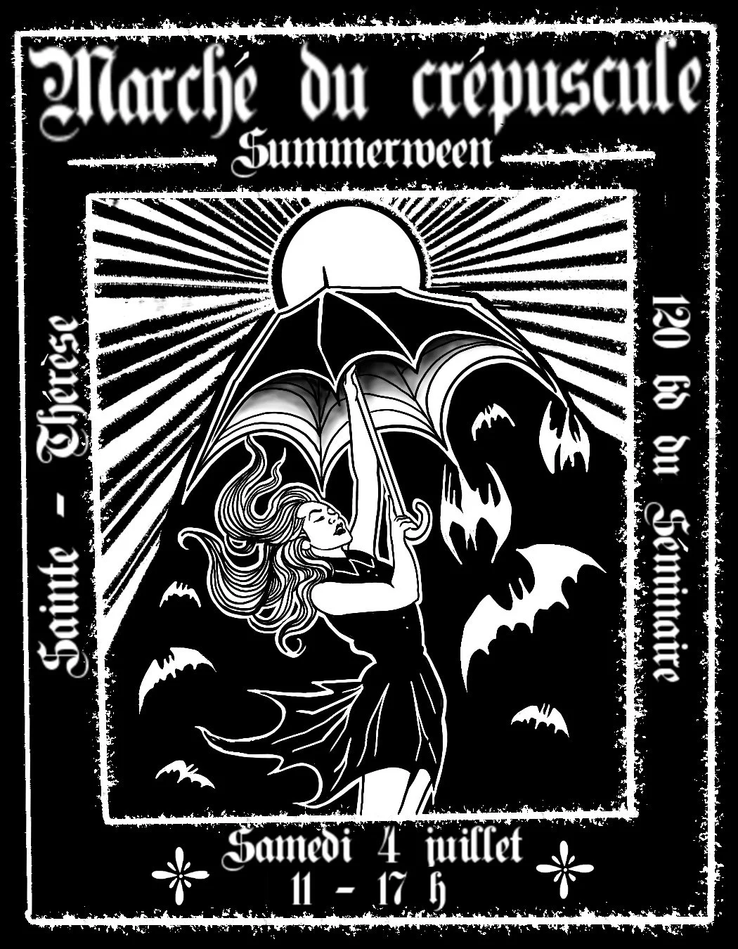 Affiche promotionnelle d'un marché gothique appelé 'Marche du crépuscule Summerween', ayant lieu le samedi 4 juillet de 11h à 17h, avec une illustration d'une femme avec des cheveux longs, tenant un parapluie et entourée de chauves-souris, dans un style noir et blanc.