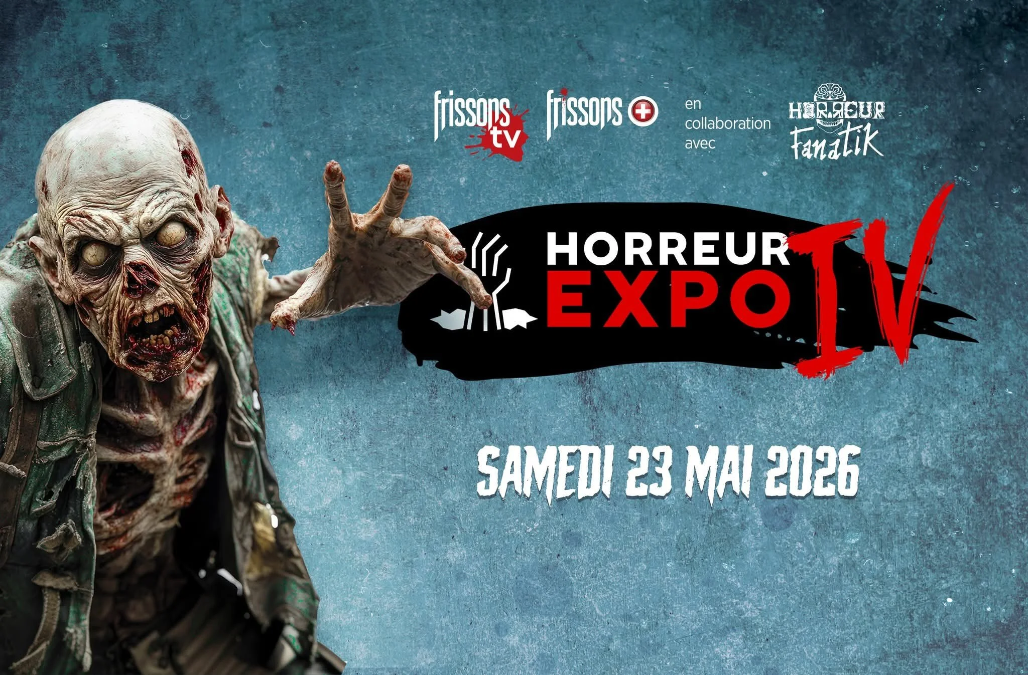 Affiche de l'exposition d'horreur du 23 mai 2026, présentant une créature zombie avec un visage décomposé, sans cheveux, portant une veste en cuir et faisant un geste avec la main. Le texte en gros indique 'Horreur Expo V'.