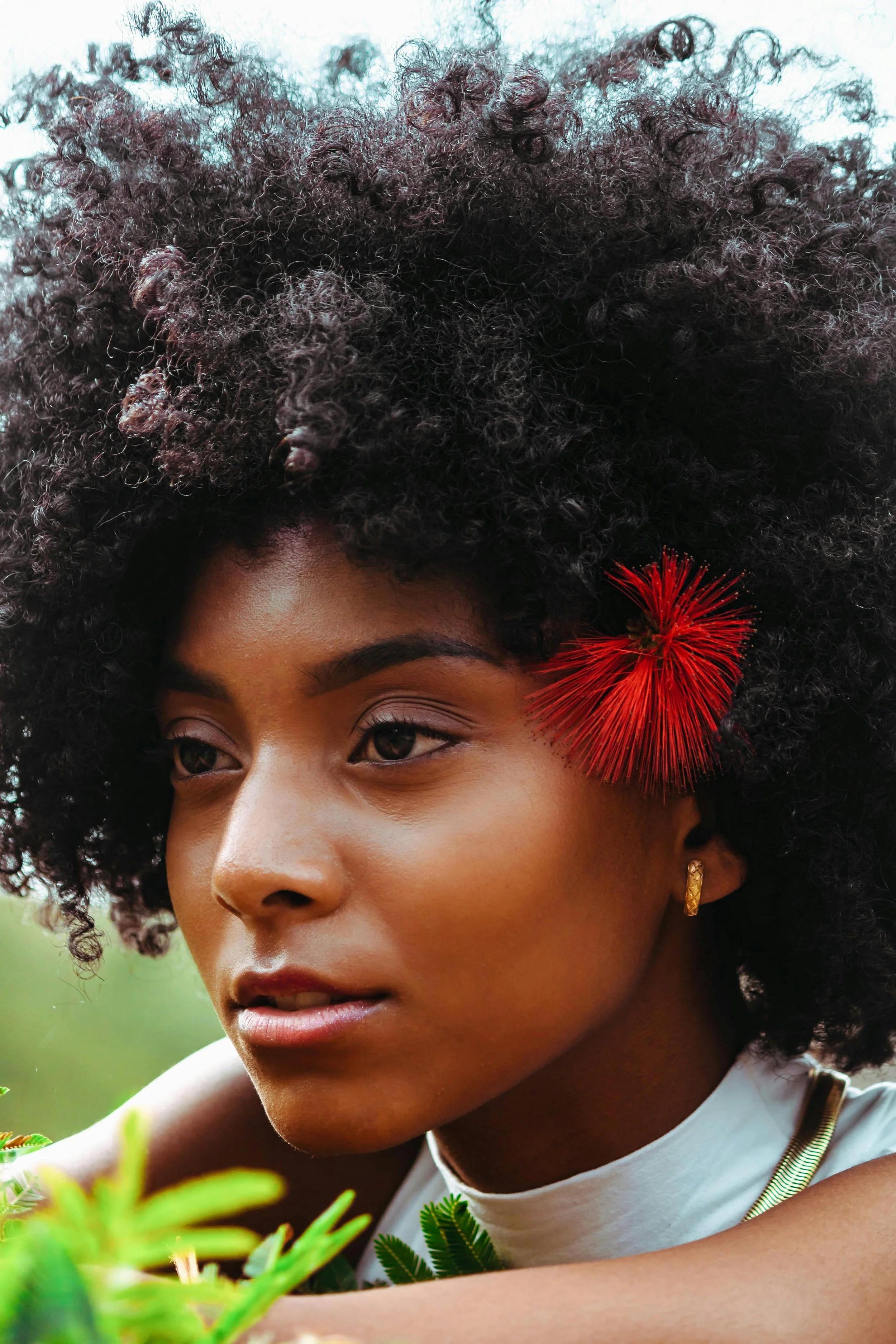 Une femme avec de beaux cheveux bouclés noirs porte une boucle d'oreille dorée et une fleur rouge dans ses cheveux, dans un environnement naturel.