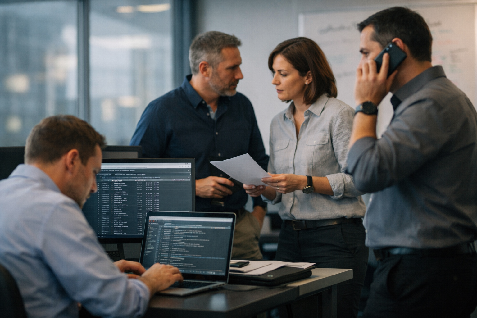Cybersecurity team responding to an incident with business employees working alongside
