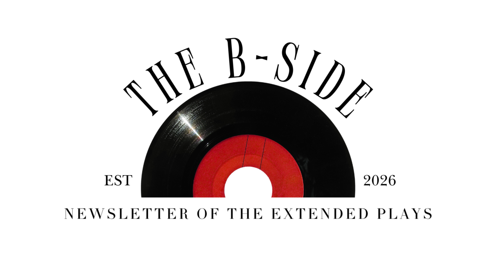 A black vinyl record with a red and blue label in the center, set against a black background.