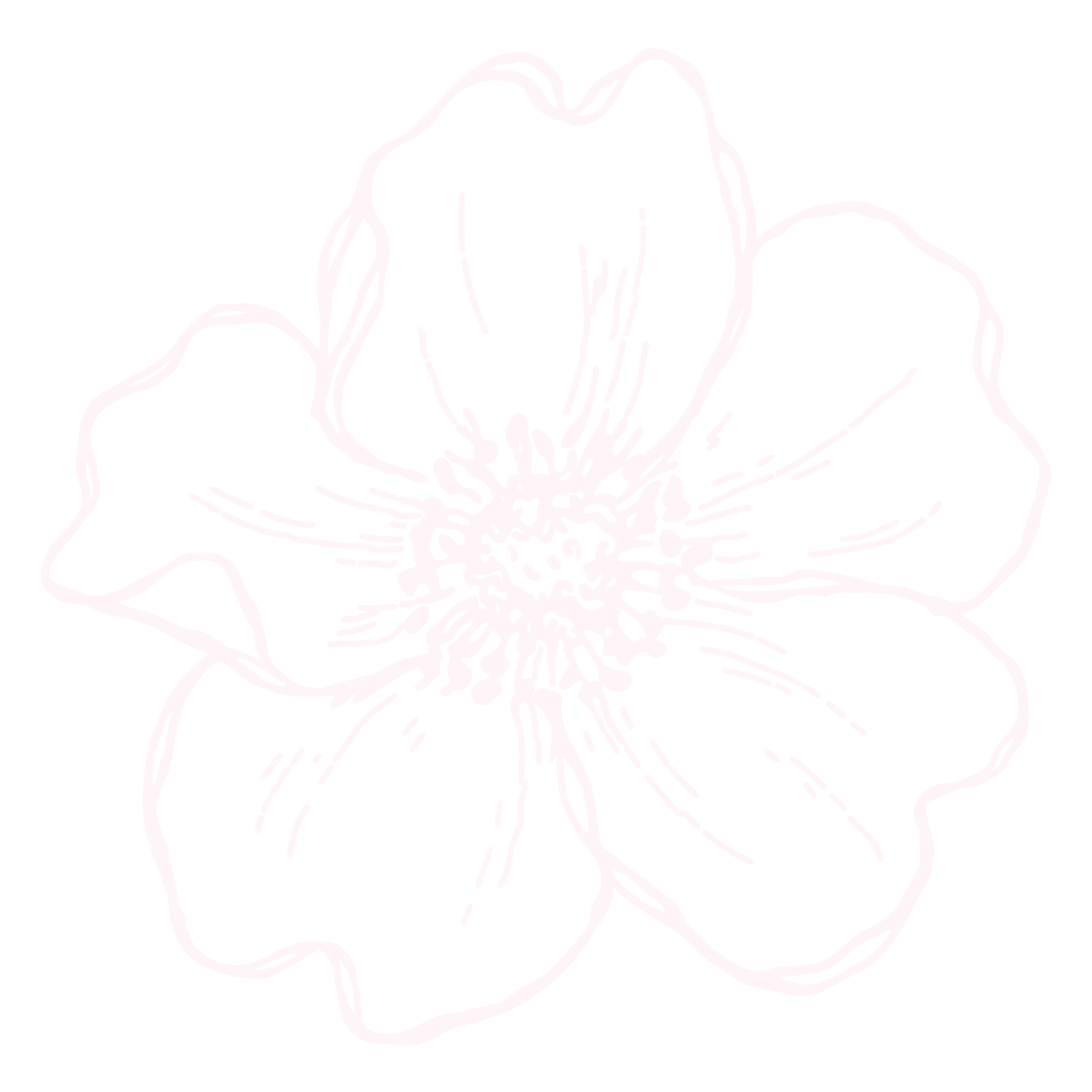 Pink line drawing of a flower on a black background.