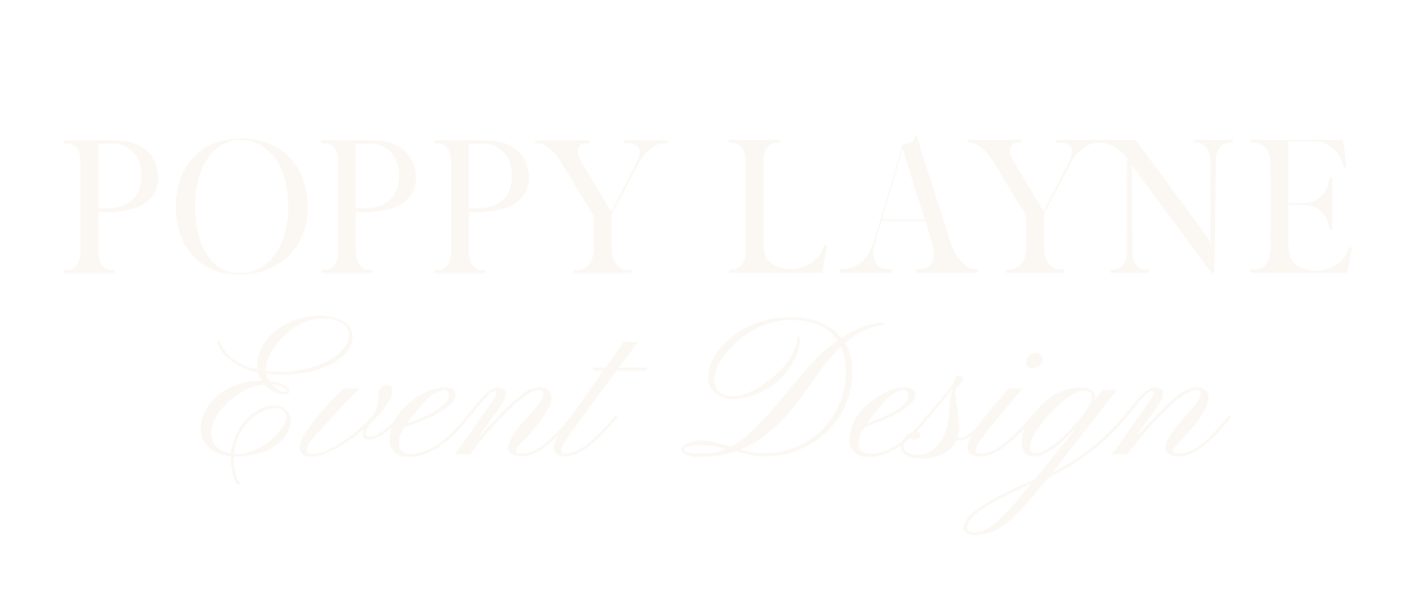 Logo for Poppy Laine Event Design with black background, large white serif text for 'Poppy Laine' and cursive text for 'Event Design'.
