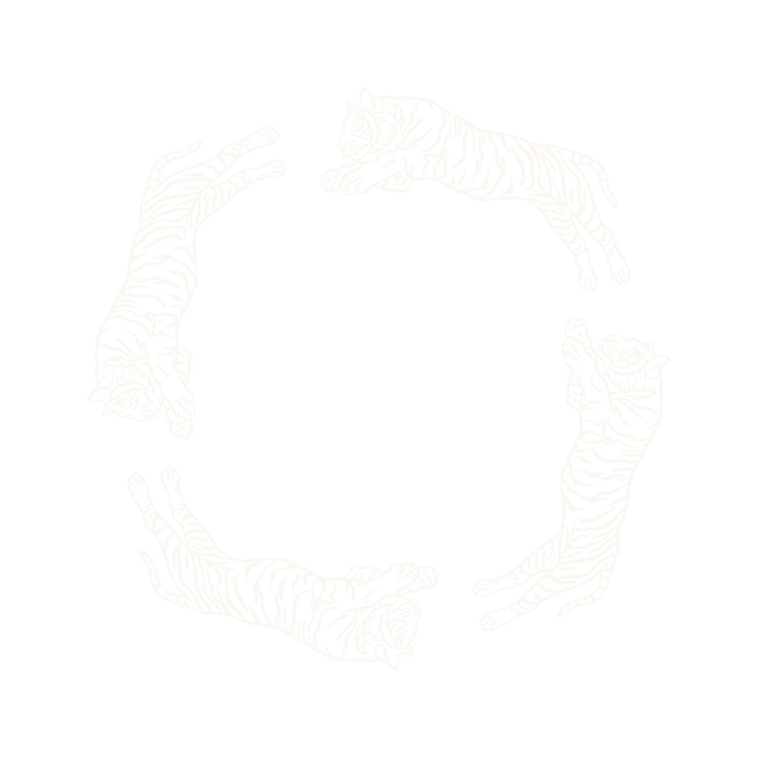 Four white tiger illustrations arranged in a circle on a black background.