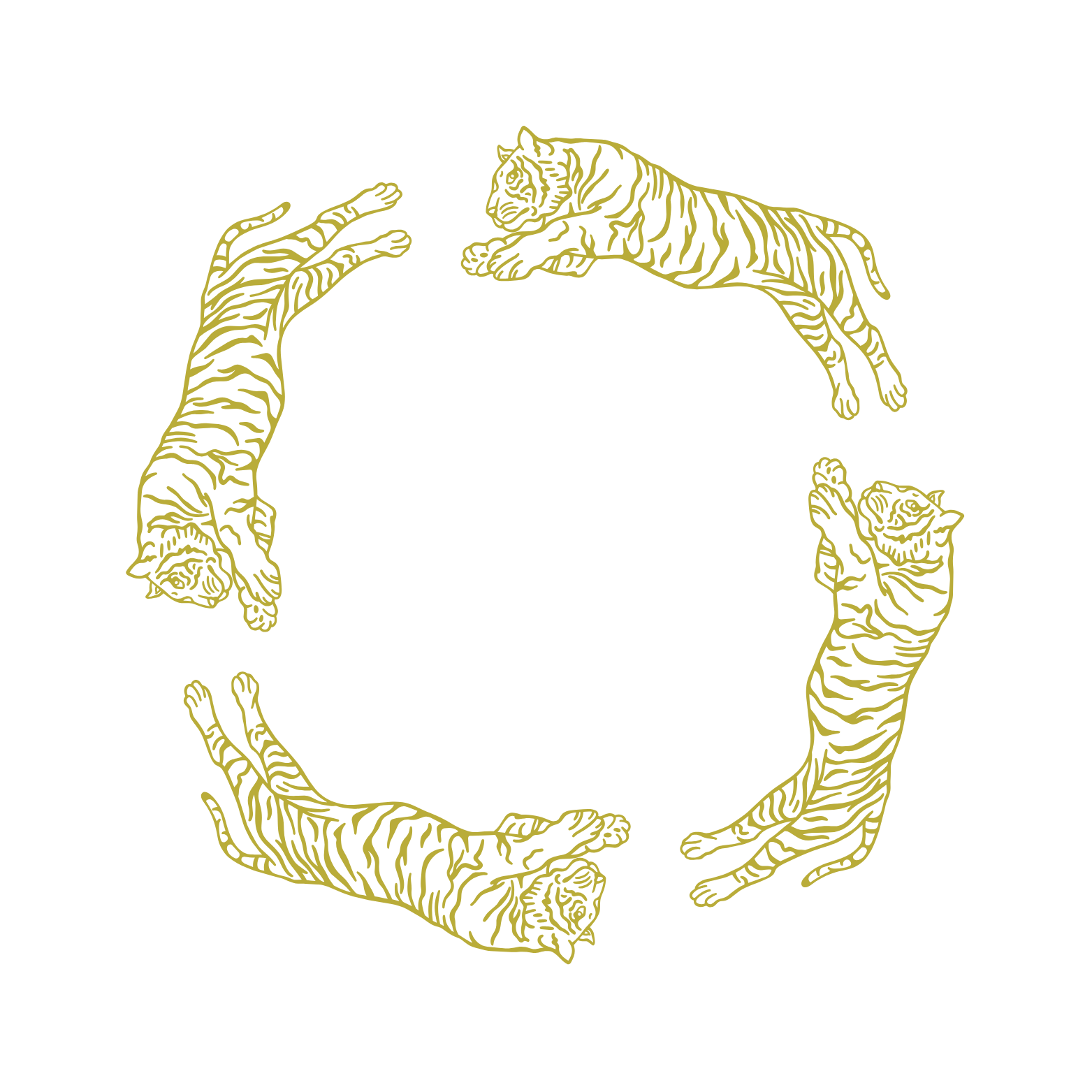 Four tiger illustrations arranged in a circular pattern.