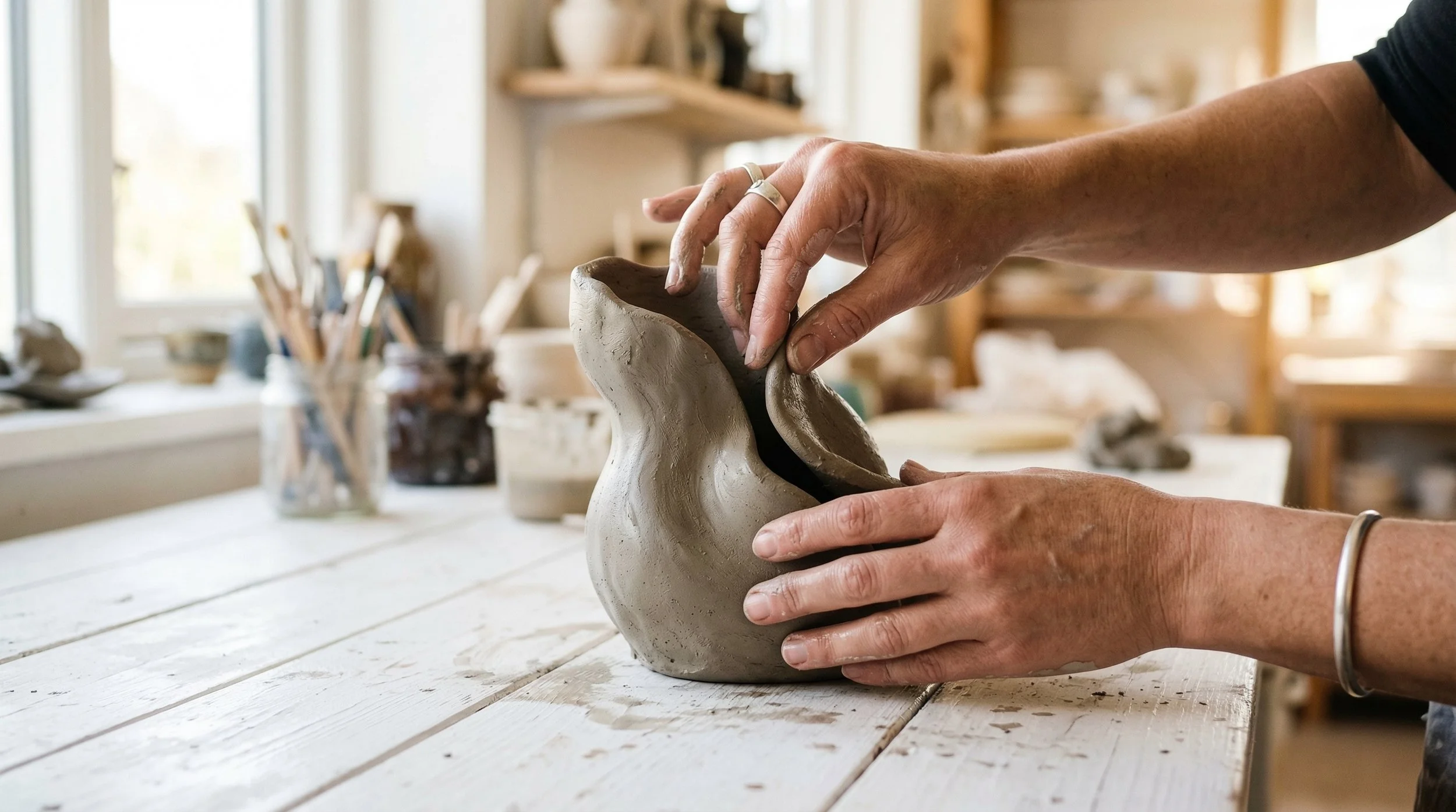Two hands shaping a clay sculpture on a wooden table in a pottery studio.