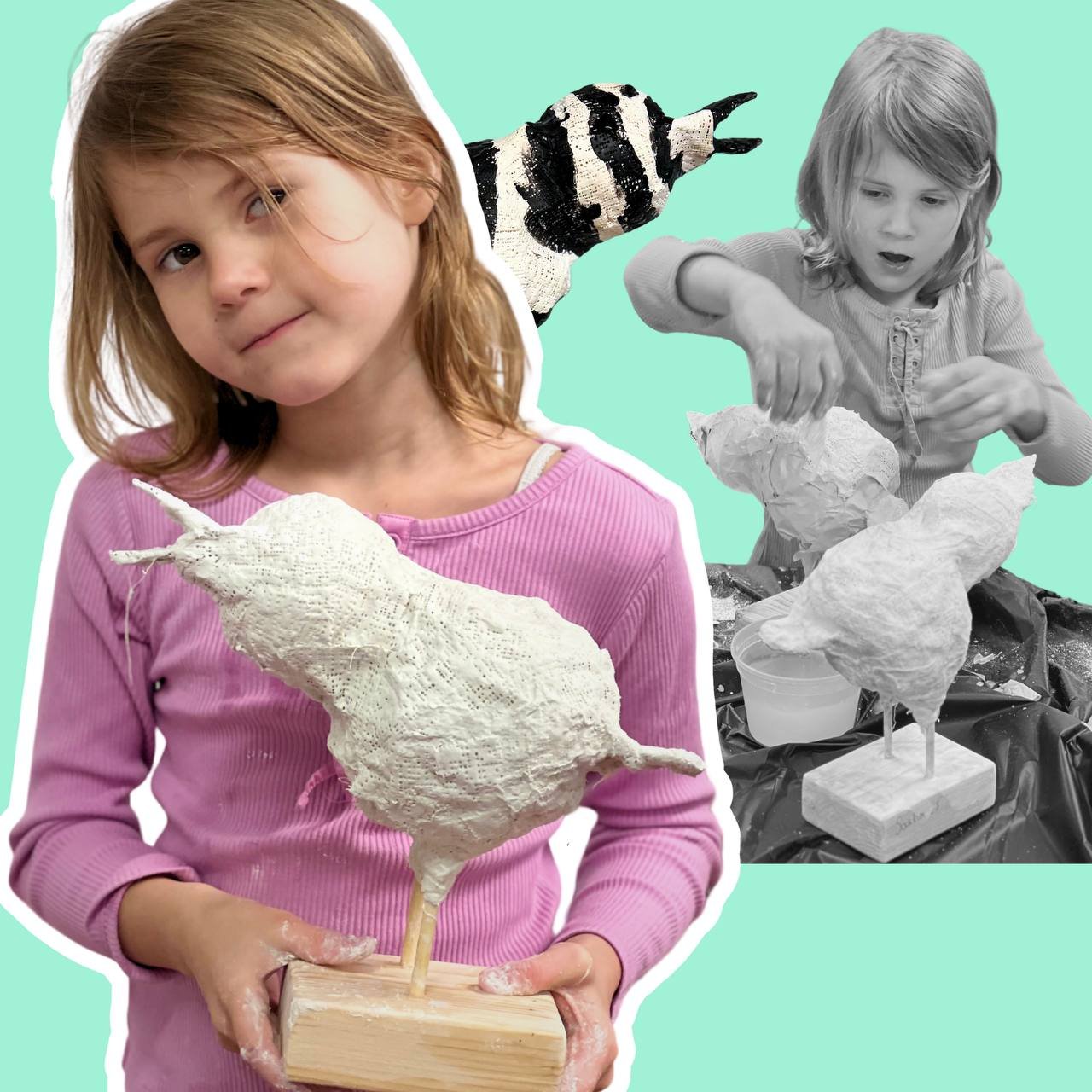 A young girl holding a large papier-mâché bird sculpture, with another girl in the background working on a similar project.