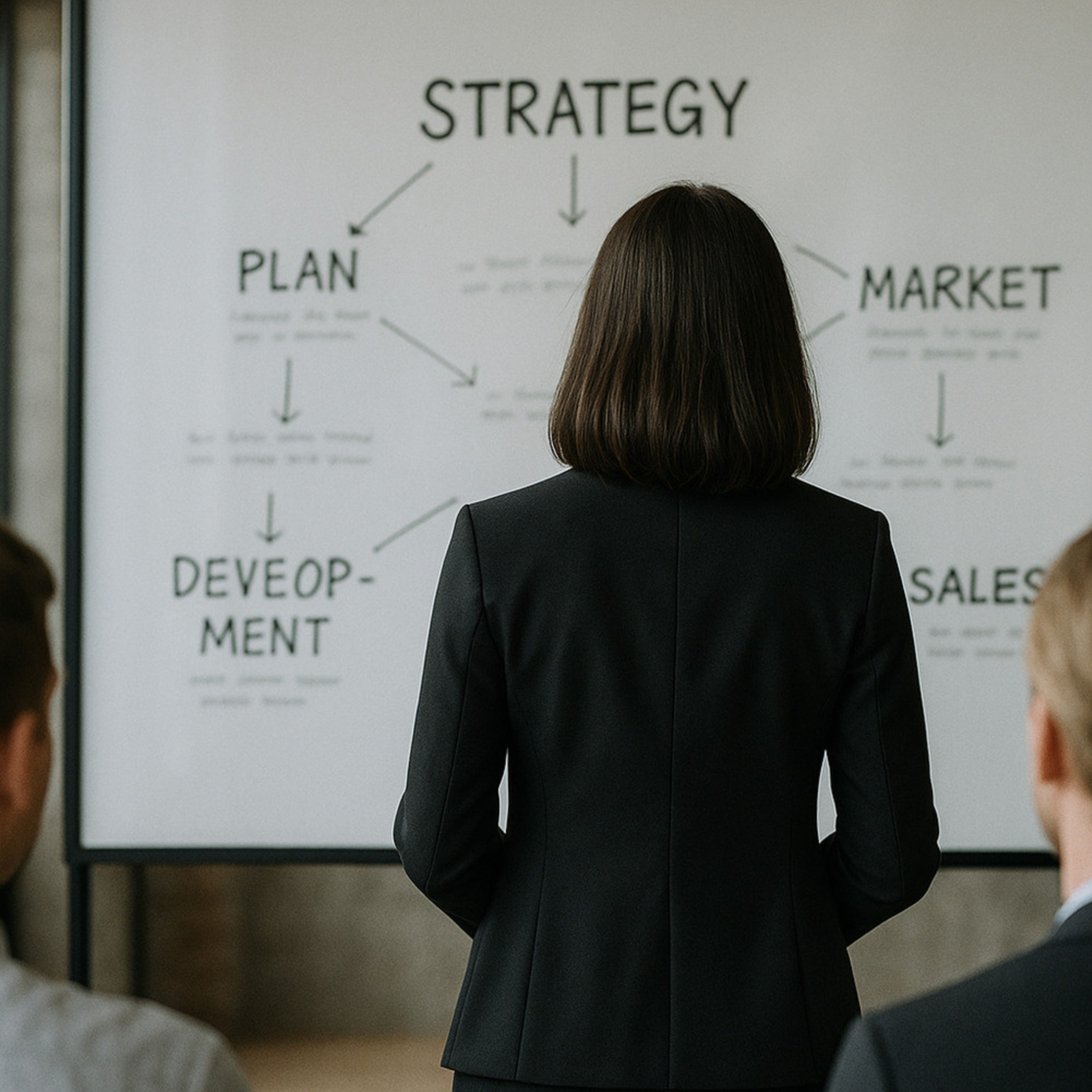 A woman in a dark blazer standing in front of a whiteboard with a marketing strategy diagram, with other people seated facing her.