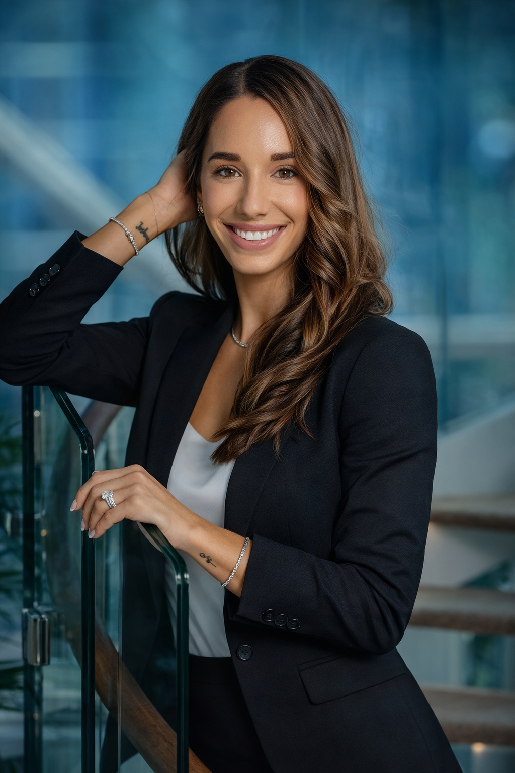 A woman with long brown hair smiles while wearing a black blazer and white top, standing in an indoor setting with glass and stairs in the background.