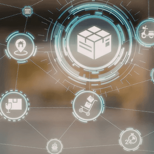 Graphic of e-commerce and logistics with a package being shipped, delivered, and a timeframe