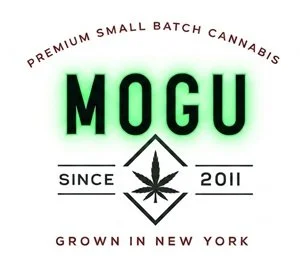 Logo for MOGU, a cannabis brand, with text indicating it is premium small batch cannabis grown in New York since 2011, featuring a cannabis leaf icon.