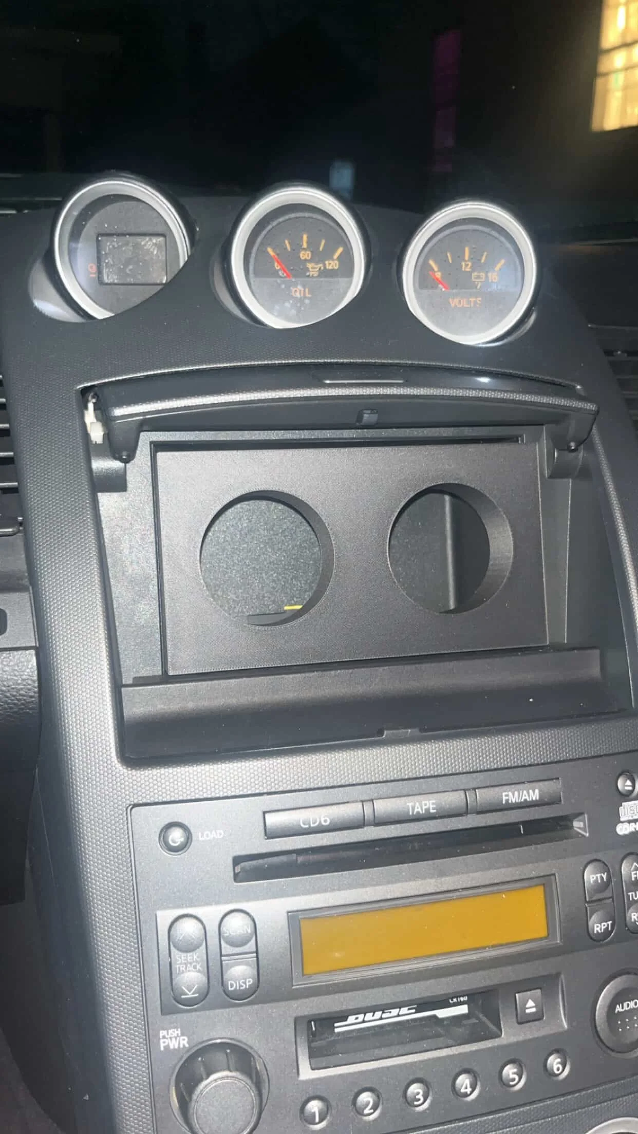 Custom center console gauge pods for a 350z, fits 44mm gauges