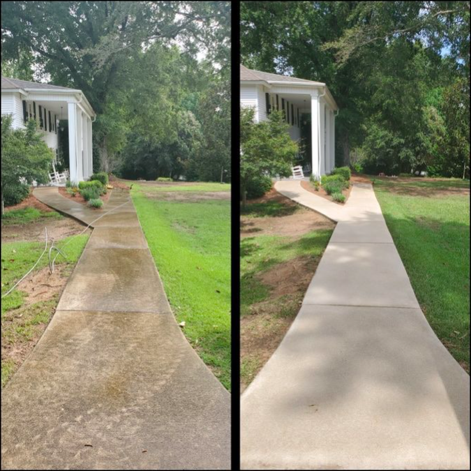 Side-by-side comparison of a concrete sidewalk before and after cleaning or resurfacing, showing a noticeable difference in color and texture.