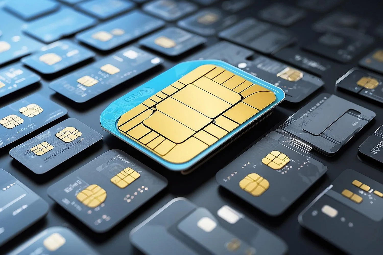 Multiple SIM cards and a SIM card tray with a microchip placed on a computer keyboard.