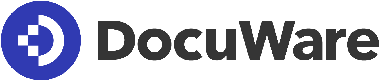 DocuWare logo with a blue circular icon containing white geometric shapes and the company name in black text.
